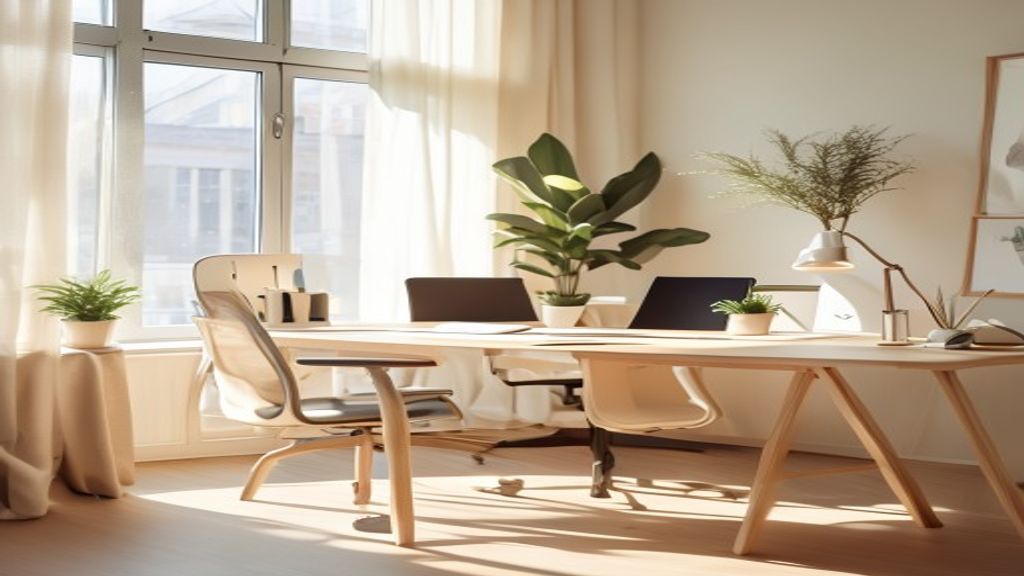 Organiserat och ergonomiskt inriktat arbetsrum med naturligt ljus och växter