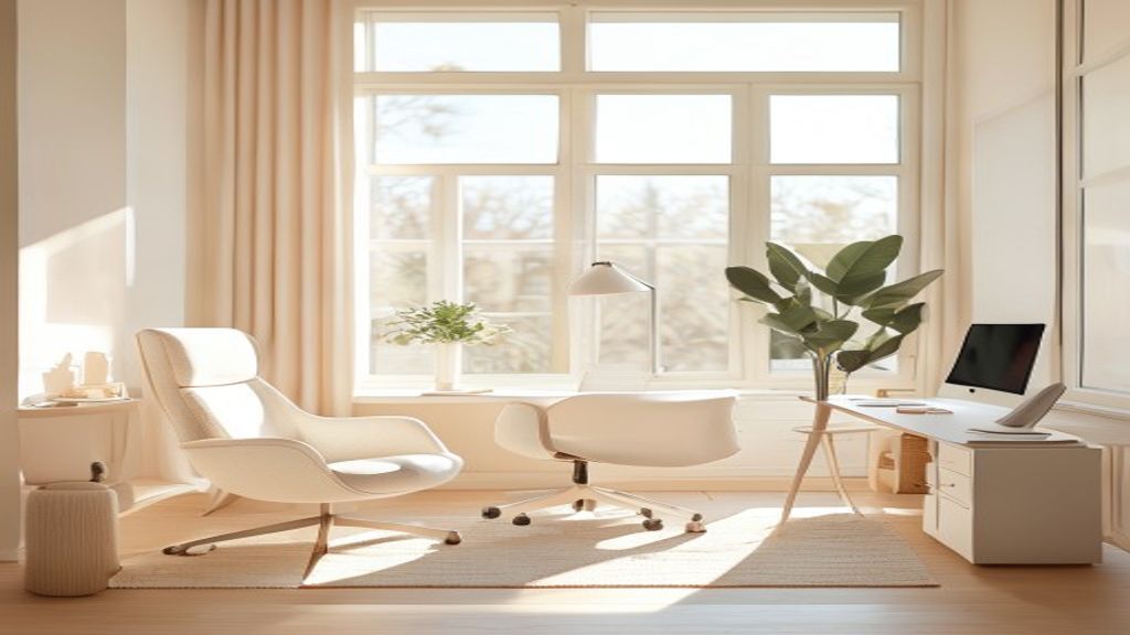 Stort ljust arbetsrum med minimalistisk design, växter och organiserad layout